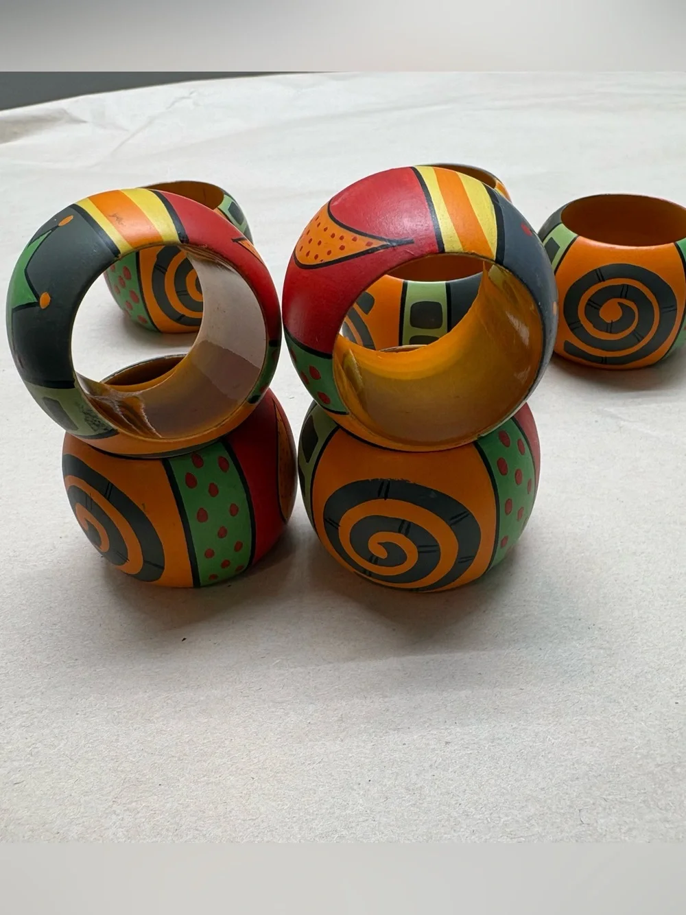 Colorful Hand-Painted Wooden Napkin Ring Set - Bright Orange & Multi